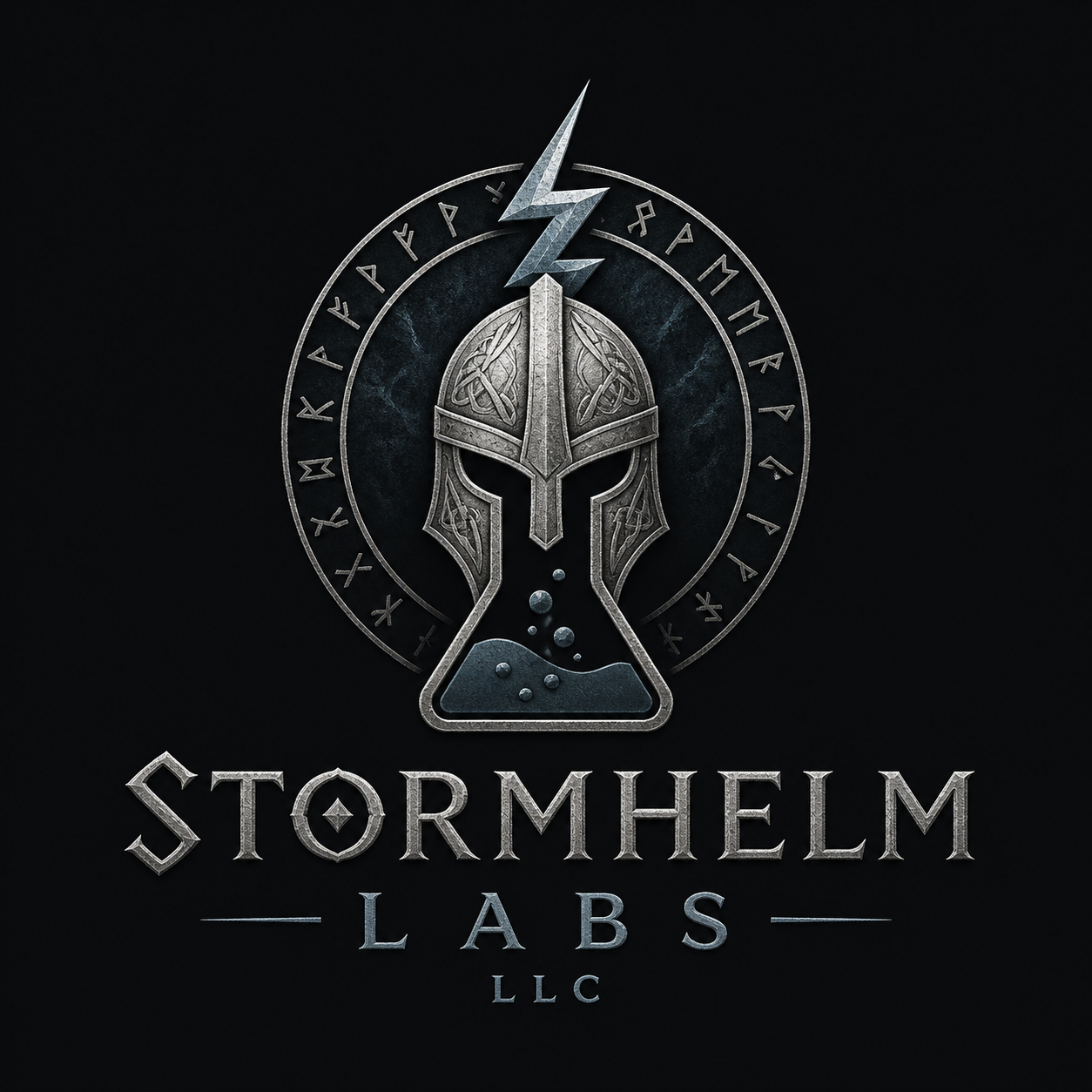 Stormhelm Labs LLC — helmet, lightning bolt, and laboratory flask